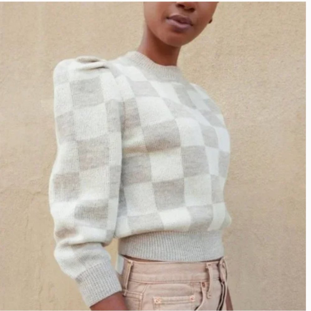 NWOT Loeffler Randall Knits For Good Puff Sleeve Cropped Sweater in Check Wool